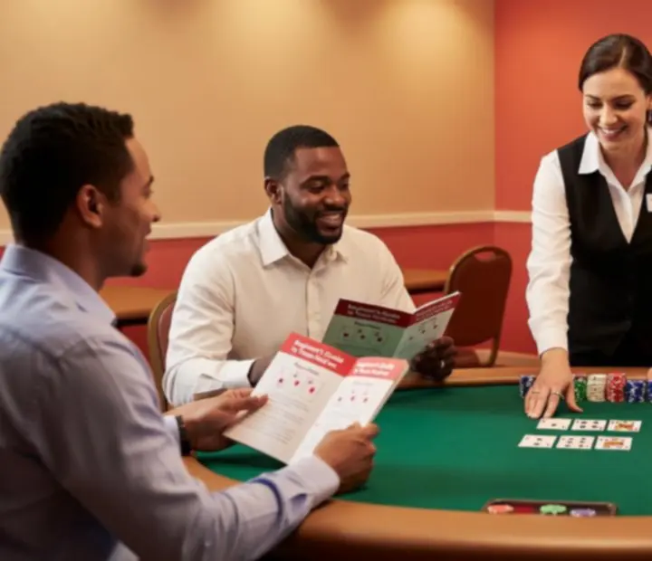 Beginner players seated around a CoralPllay poker table with a host explaining Texas Hold'em hands