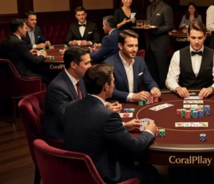 Players gathered around poker tables with chip stacks and croupiers in CoralPllay's card room