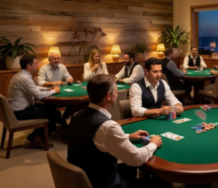 Upscale card room at CoralPllay with custom poker tables and professional croupiers