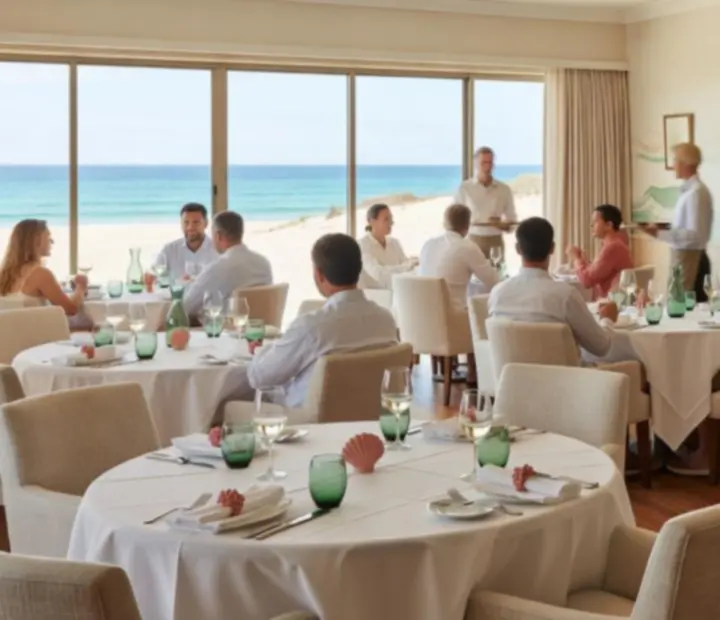 Coastal Australian dining room opening into an upscale poker card lounge at CoralPllay