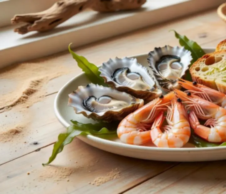 A platter of Australian coastal seafood starters with oysters, prawns, and housemade bread.