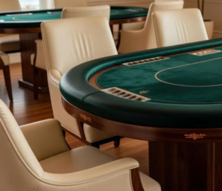 Custom poker tables with marine emerald felt and coastal-inspired detailing