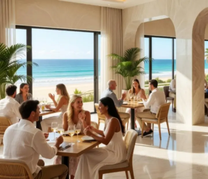 Coastal restaurant interior with a view into an adjacent offline poker card room at CoralPllay