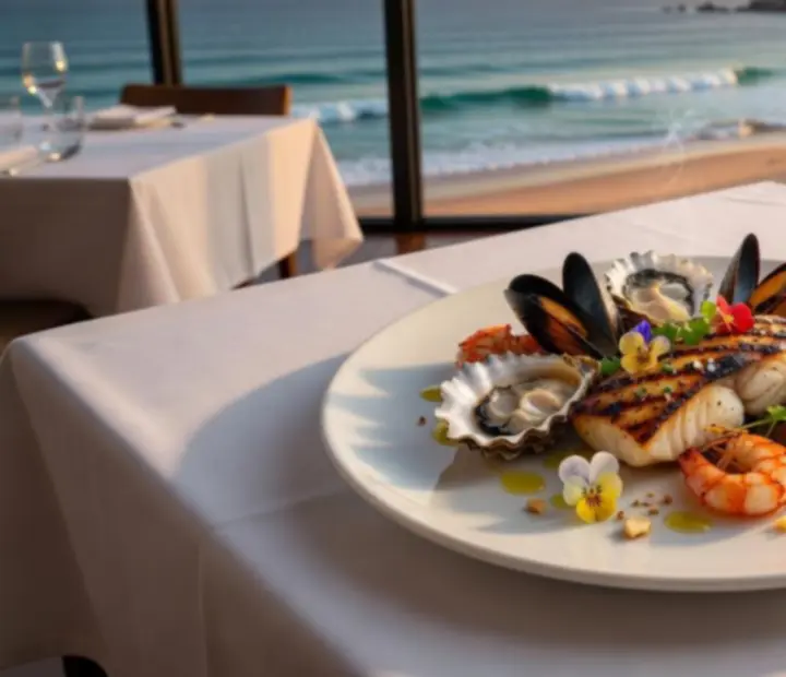 Grilled Australian seafood mains arranged on a table in a coastal restaurant setting.