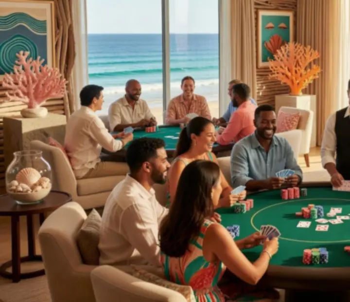 Group enjoying an offline poker night at CoralPllay with chips and coastal-inspired decor