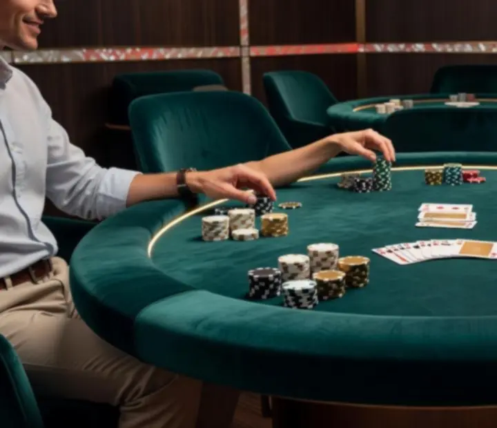 High roller offline poker event in CoralPllay's private lounge with premium poker tables and chip stacks