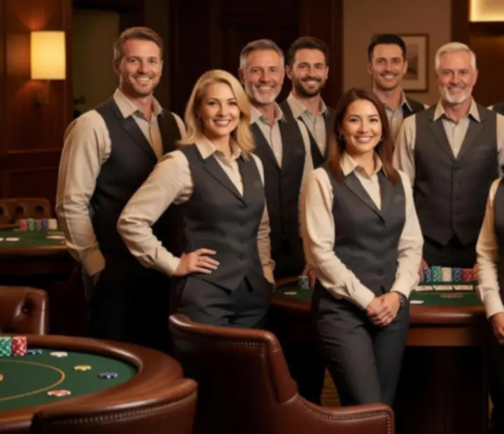 Poker host and dealer team standing in the card room ready to assist players