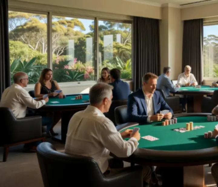 Coastal-inspired poker lounge interior with custom poker tables and stacks of chips