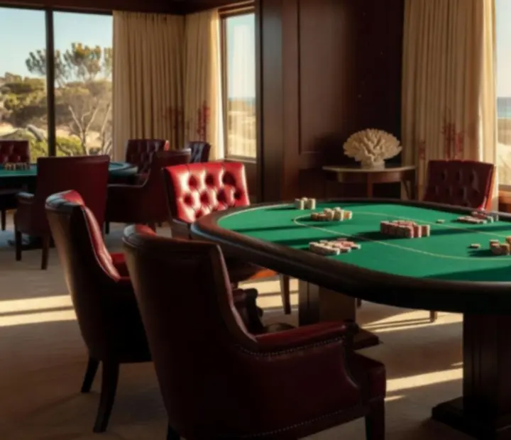Private coastal poker card room nook at CoralPllay with felt tables and soft lighting