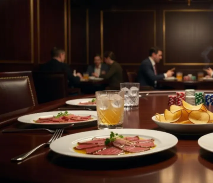 Private poker table dining setup with gourmet share plates beside poker chips and cards.