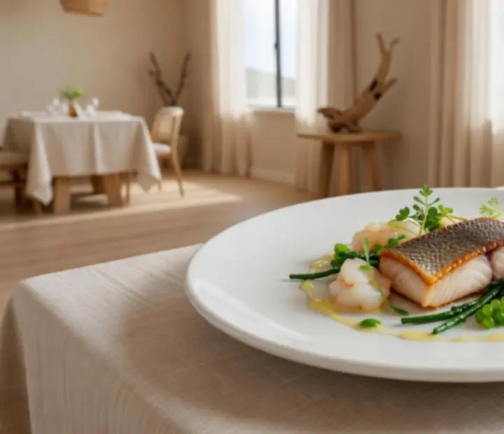 Plated Australian seafood dish at CoralPllay in a light coastal dining room
