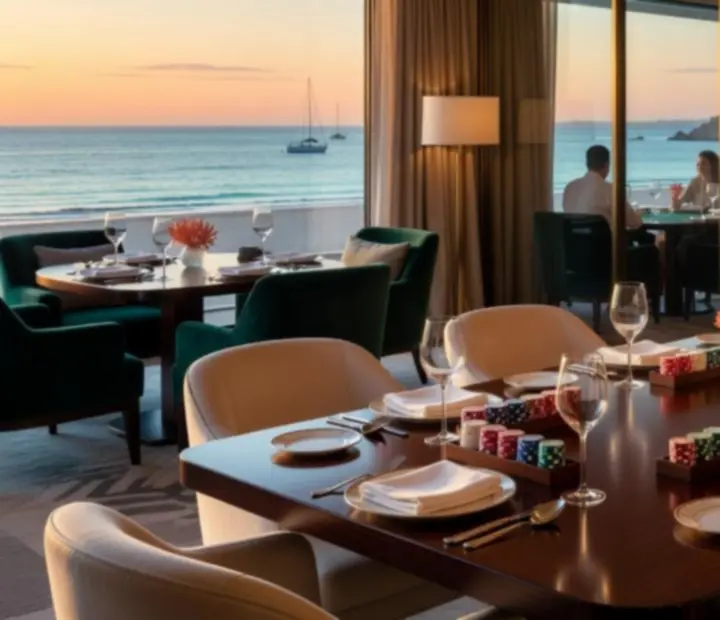 VIP table booking area overlooking a coastal dining room and poker lounge at CoralPllay